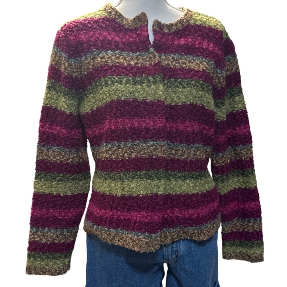 Vintage Talbots Petites Medium Wool Striped Wool Blend Knit Sweater Cardigan PM